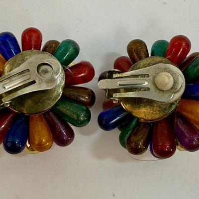 Vintage Jewel Colored Cluster Earrings Clip-on