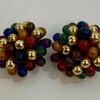Vintage Jewel Colored Cluster Earrings Clip-on