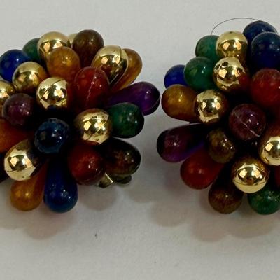 Vintage Jewel Colored Cluster Earrings Clip-on