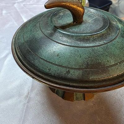 Vintage Israeli Verdigris Brass Lidded Bowl – Sculptural Mid-Century Pedestal Dish