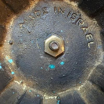 Vintage Israeli Verdigris Brass Lidded Bowl – Sculptural Mid-Century Pedestal Dish