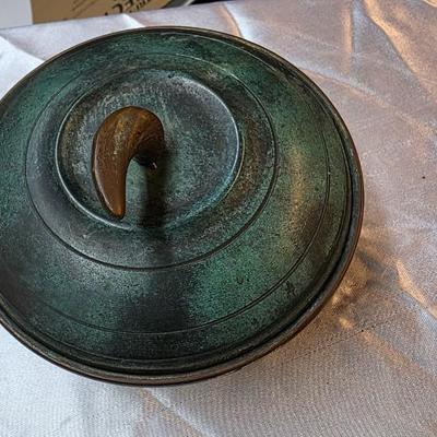 Vintage Israeli Verdigris Brass Lidded Bowl – Sculptural Mid-Century Pedestal Dish