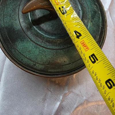 Vintage Israeli Verdigris Brass Lidded Bowl – Sculptural Mid-Century Pedestal Dish