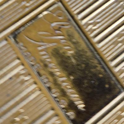 Sale Photo Thumbnail #513: This lot is for a Vintage Compact & Pill Box.   It is marked Elgin America. The design is Art Deco and the center is a large Mother of Pear square - very attractive.  Note that the compact does have a cracked mirror but otherwise in very good condition fo