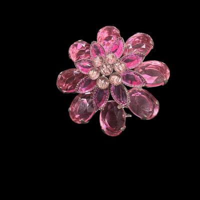 Sale Photo Thumbnail #480: Vintage Pink Rhinestone Flower Brooch With A silver Tone Setting