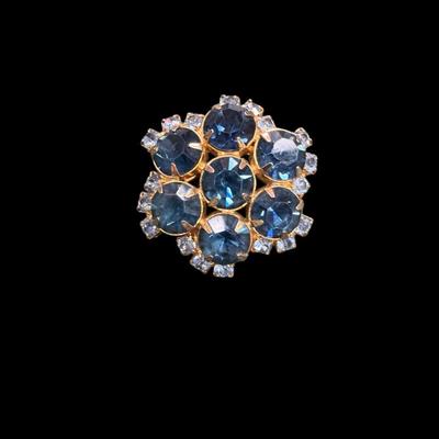 Sale Photo Thumbnail #482: Vintage Blue Rhinestone Floral Brooch Gold Tone Domed Pin