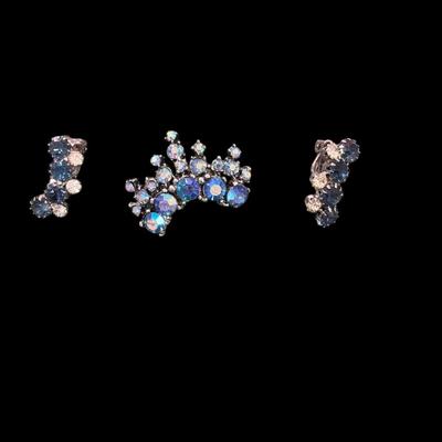 Sale Photo Thumbnail #491: Vintage B. David Blue Aurora Borealis Rhinestone Brooch with Silver Tone Metal Set and Earrings