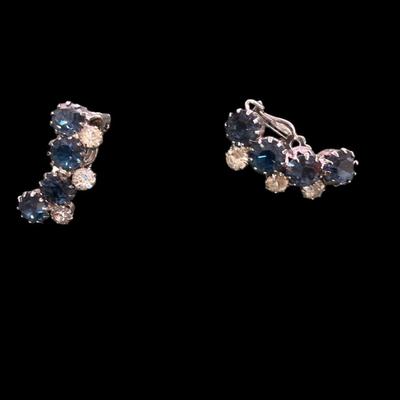 Sale Photo Thumbnail #490: Vintage B. David Blue Aurora Borealis Rhinestone Brooch with Silver Tone Metal Set and Earrings