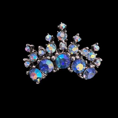 Sale Photo Thumbnail #488: Vintage B. David Blue Aurora Borealis Rhinestone Brooch with Silver Tone Metal Set and Earrings