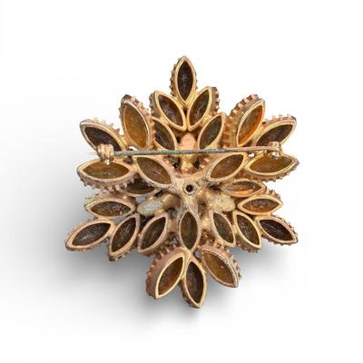 Sale Photo Thumbnail #492: Vintage Amber and Root Beer Colored Glass Rhinestone Flower Brooch With Gold Tone Metal Set  Possibly By Beau Jewels or Juliana