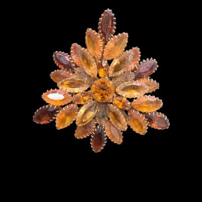 Sale Photo Thumbnail #493: Vintage Amber and Root Beer Colored Glass Rhinestone Flower Brooch With Gold Tone Metal Set  Possibly By Beau Jewels or Juliana