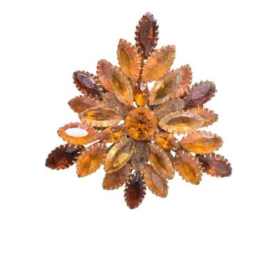 Sale Photo Thumbnail #494: Vintage Amber and Root Beer Colored Glass Rhinestone Flower Brooch With Gold Tone Metal Set  Possibly By Beau Jewels or Juliana