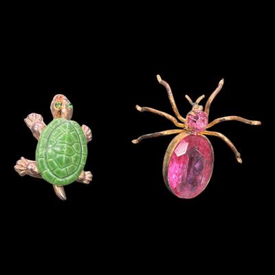 Sale Photo Thumbnail #505: Set of 2 Vintage Enamel and Gold Tone Scatter Pins, One a Turtle and one A Spider With a Pink Rhinestone
