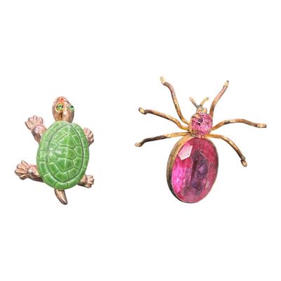 Sale Photo Thumbnail #506: Set of 2 Vintage Enamel and Gold Tone Scatter Pins, One a Turtle and one A Spider With a Pink Rhinestone