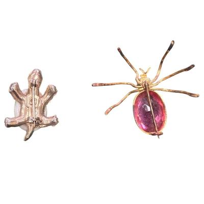 Sale Photo Thumbnail #504: Set of 2 Vintage Enamel and Gold Tone Scatter Pins, One a Turtle and one A Spider With a Pink Rhinestone