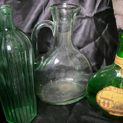 Vintage Glass Bottle Collection – Ribbed Apothecary Style Bottle, Handled Carafe, and Mateus Rosé Bocksbeutel – Timeless Decorative Trio