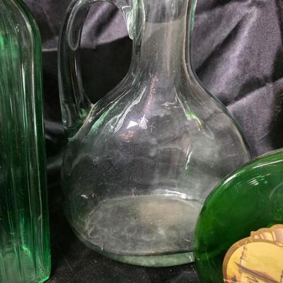 Vintage Glass Bottle Collection – Ribbed Apothecary Style Bottle, Handled Carafe, and Mateus Rosé Bocksbeutel – Timeless Decorative Trio