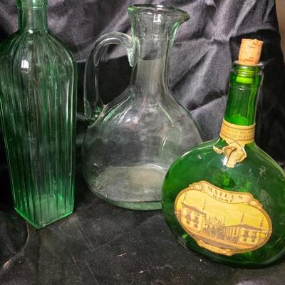 Vintage Glass Bottle Collection – Ribbed Apothecary Style Bottle, Handled Carafe, and Mateus Rosé Bocksbeutel – Timeless Decorative Trio