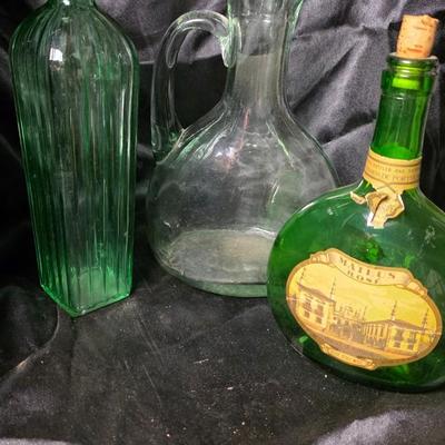 Vintage Glass Bottle Collection – Ribbed Apothecary Style Bottle, Handled Carafe, and Mateus Rosé Bocksbeutel – Timeless Decorative Trio