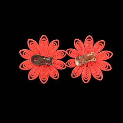 Sale Photo Thumbnail #518: Pair Of Vintage Orange Plastic Clip On Flower Earrings with a Faux Pearl Center