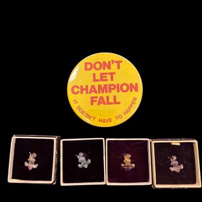 Sale Photo Thumbnail #537: Set of 4 Champion Paper Mill Years Worked Pins and Yellow Round Pin