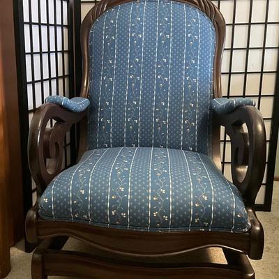 Sale Photo Thumbnail #2: Dark wood finish with a platform rocker which allows it to glide smoothly. 
 Upholstered in blue fabric. 
Great condition
See the ottoman in JL2