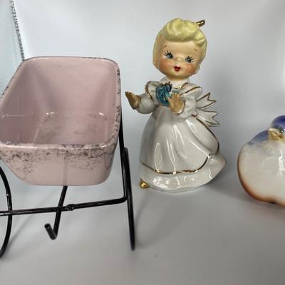 Bird potpourri, girl figure and small metal wheelbarrow decor