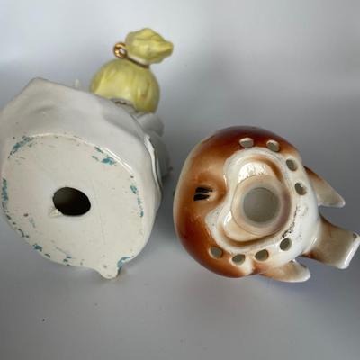 Bird potpourri, girl figure and small metal wheelbarrow decor