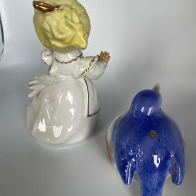 Bird potpourri, girl figure and small metal wheelbarrow decor