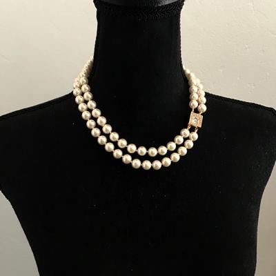 Vintage S.A.L White faux pearls signed Swarovski crystal clasp necklace double strand very nice excellent condition