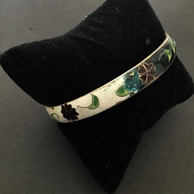 Vintage Floral Cloisonne , two tone design bangle bracelet