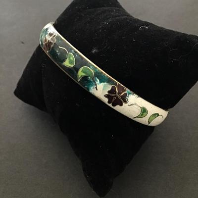 Vintage Floral Cloisonne , two tone design bangle bracelet