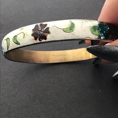 Vintage Floral Cloisonne , two tone design bangle bracelet
