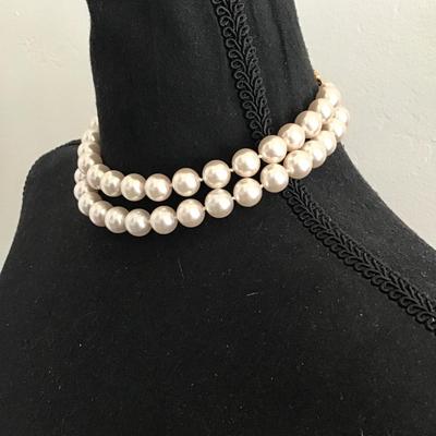 Chunky vintage faux, pearl choker, necklace, double strand, gold toned
