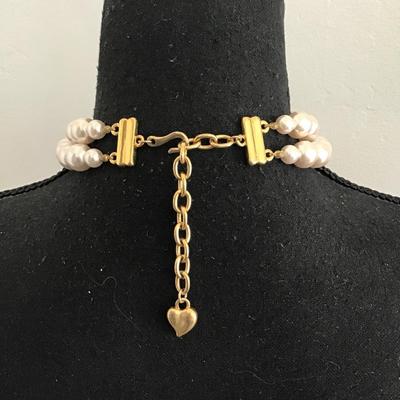 Chunky vintage faux, pearl choker, necklace, double strand, gold toned