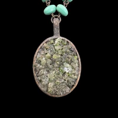 Sale Photo Thumbnail #566: Vintage Faux Turquoise Chip and bead Necklace With Large Southwest Style Pendant