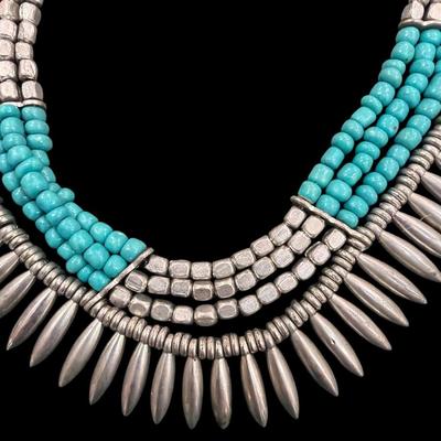Sale Photo Thumbnail #569: Multi Strand Turquoise and Silver toned Statement Necklace with Spike Metal Beads