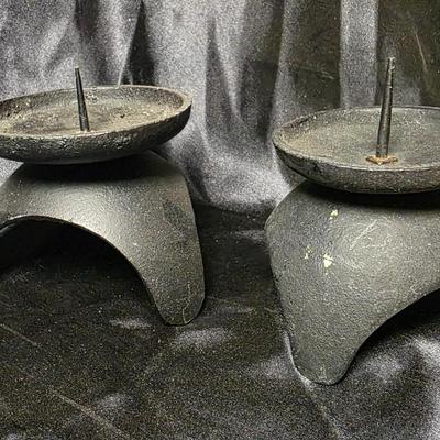 Mid-Century Brutalist Cast Iron Tripod Candle Holders – Sculptural Black Pricket Set of Two
