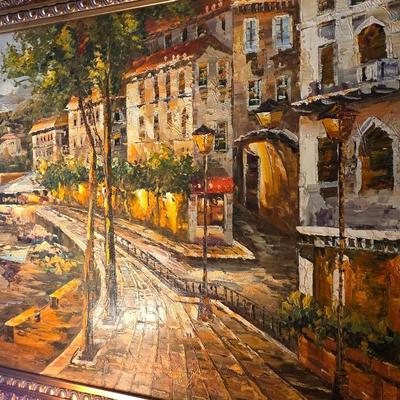 Luca DeAngelo Original Oil Painting – Large European Canal Cityscape in Ornate Gilt Frame