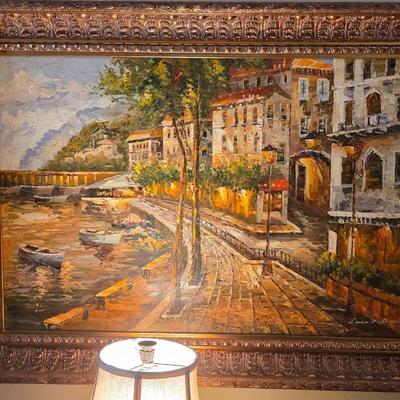 Luca DeAngelo Original Oil Painting – Large European Canal Cityscape in Ornate Gilt Frame