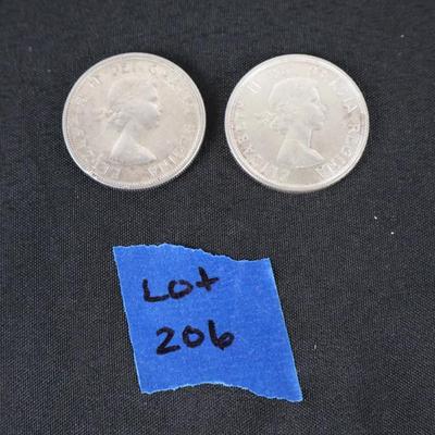 1957 & 1964 Canadian Silver Dollar Coins (2)