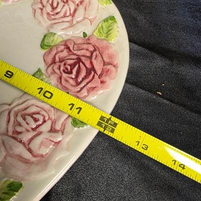 Vintage Portuguese Majolica Heart-Shaped Plate – Hand-Painted Cabbage Rose Design