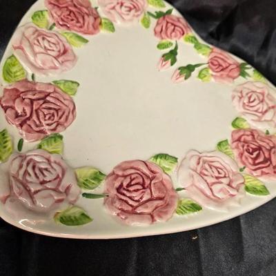 Vintage Portuguese Majolica Heart-Shaped Plate – Hand-Painted Cabbage Rose Design