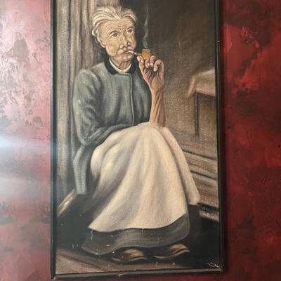 Sale Photo Thumbnail #5: Early American Primitive Painting, the coat she is wearing looks like a confederate Uniform Coat