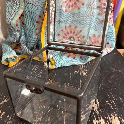 Beautiful table scarf and glass display cube!