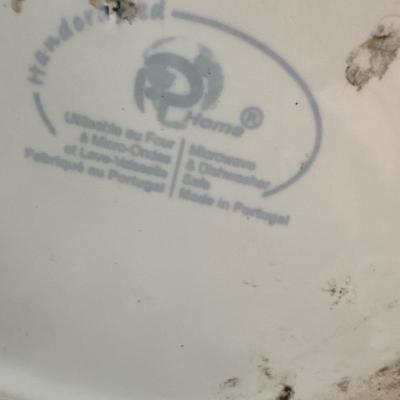 Large white ceramic pitcher and four Columbia dipping dishes