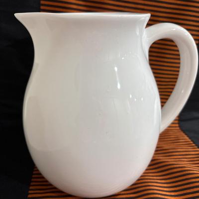Large white ceramic pitcher and four Columbia dipping dishes