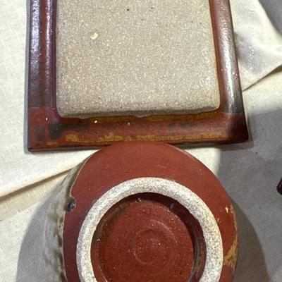 Pottery serving dishes and wood trivet!
