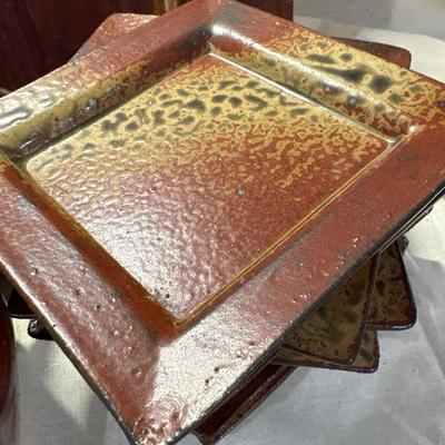 Pottery serving dishes and wood trivet!