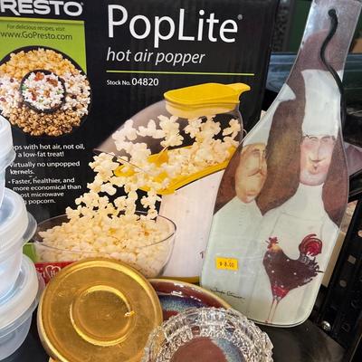 Presto hot air popper, silverware, trays, plasticware
